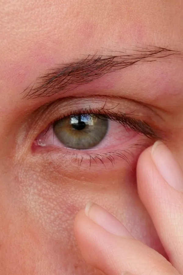 Close-up of a woman touching the edge of her eye which is red due to allergy irritation. Get treatment for allergic conjunctivitis from Dr. Bahar Amin in North York.