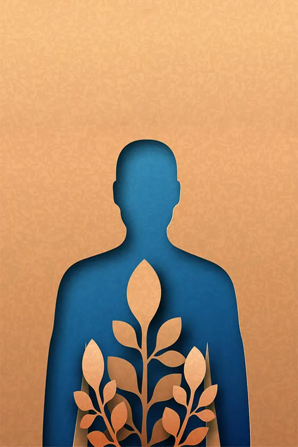 A human body shape cut out of cardboard with blue paper underneath and cardboard leaves on top, symbolizing functional medicine treatment from Dr. Bahar Amin in North York.