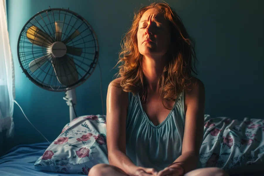 A middle-aged red-haired woman sits in bed sweating with a fan behind her, unable to sleep. Get treatment for hot flashes and night sweats from Dr. Bahar Amin in North York.