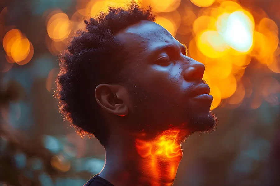 A man looks up with an illustration of an inflamed thyroid overlayed. Schedule hyperthyroidism treatment from Dr. Bahar Amin in North York.