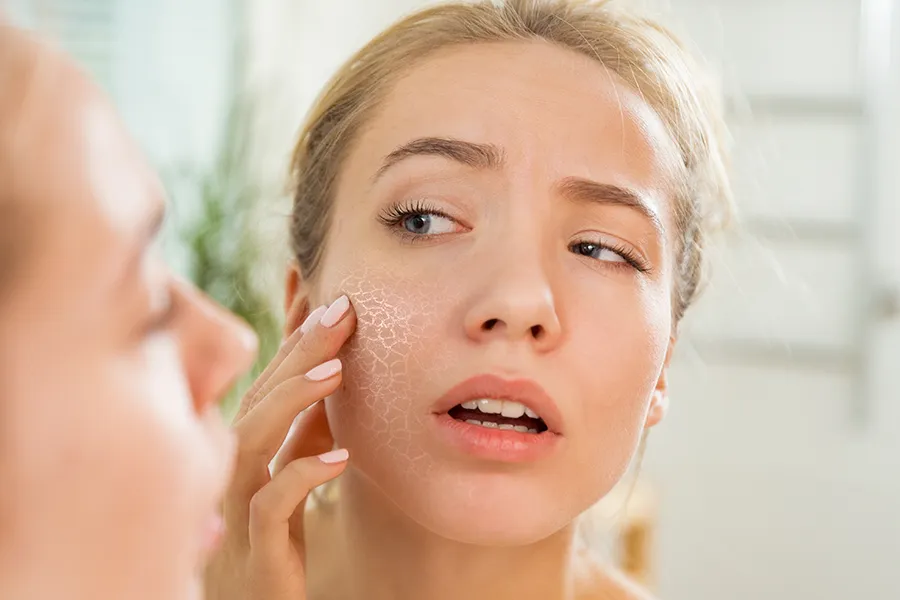 Concerned woman examining dry, flaky skin on her face in the mirror. Get relief from Dr. Bahar Amin's expert functional medicine for Sjogren's Syndrome treatment in North York.