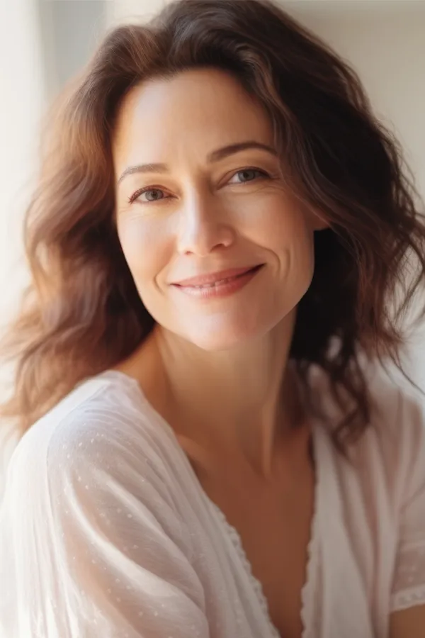 A middle-aged woman with long brown hair smiling. Explore the 4-month metabolic and hormone reset program with Dr. Bahar Amin in North York.